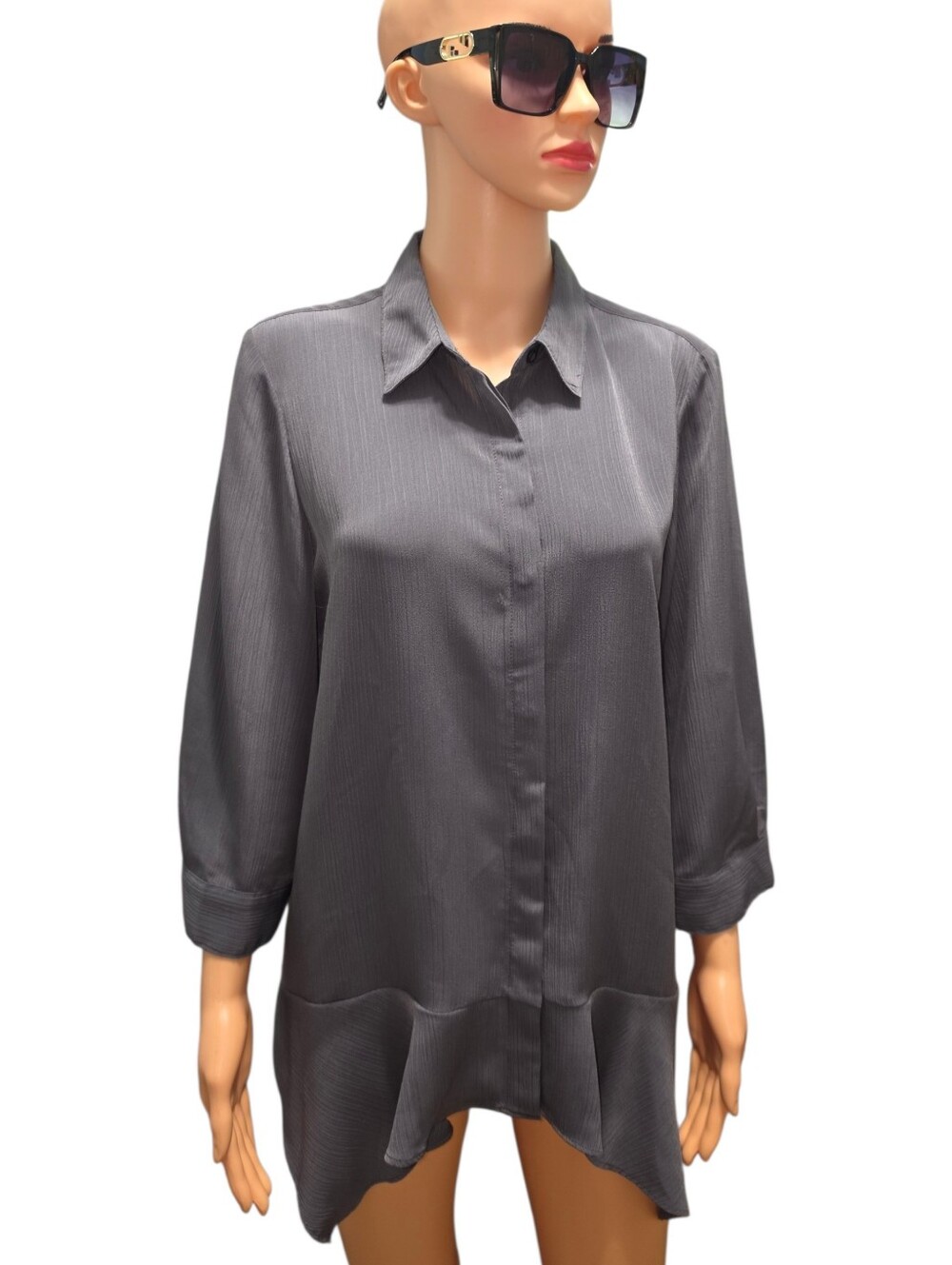 Simply Vera Vera Wang Charcoal Grey Crinkle Ruffle Pointed Hem Shirt Blouse Sz M